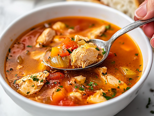 A ladle scoops a thick, creamy spoonful of hearty chicken stew from the black pot on the white marble cooktop. The dish is ready to be served, with crusty bread on the side for the perfect comforting meal.