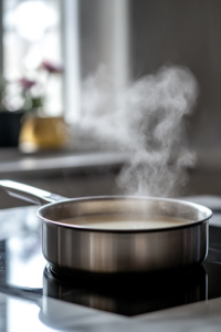 A close-up of a stainless steel saucepan on a white marble cooktop, with milk gently heating until it reaches the perfect steaming temperature. A thermometer rests on the side, carefully measuring the heat to ensure the milk doesn’t boil.
