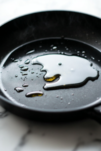 A close-up shot of a black frying pan sitting on a white marble cooktop, where vegetable oil shimmers as it heats over medium heat, signaling its readiness for frying. A small droplet of oil sizzles on contact, creating a subtle ripple effect in the pan, hinting at the upcoming crisping process of the chicken patties.