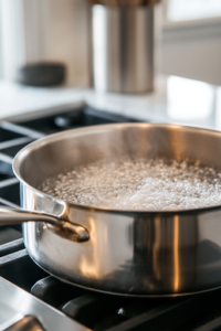 A close-up shot of a shiny stainless steel saucepan sitting on the white marble cooktop as sugar, water, and light corn syrup are slowly heated without stirring. The mixture begins to bubble, gradually thickening into a clear, glossy syrup for the Candied Fruit Skewers.