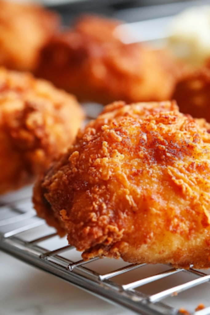 Freshly fried crispy chicken rests on a wire rack over the white marble cooktop. The golden, crunchy coating glistens, showcasing its crispy texture, ready to be served with mashed potatoes and green beans.