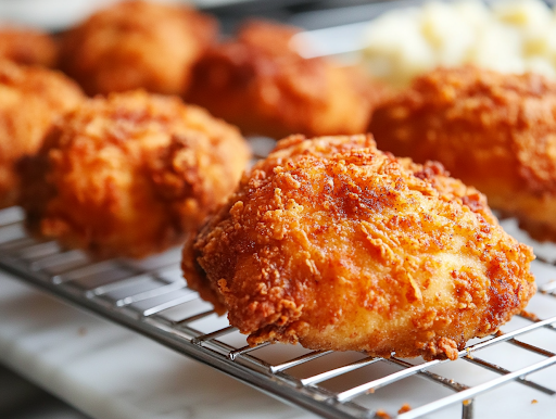 Freshly fried crispy chicken rests on a wire rack over the white marble cooktop. The golden, crunchy coating glistens, showcasing its crispy texture, ready to be served with mashed potatoes and green beans.