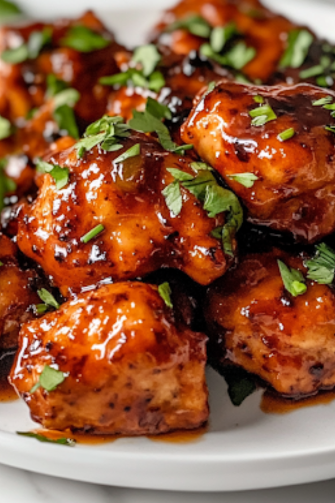 A serving plate sits on a white marble cooktop, featuring Honey Bourbon Chicken arranged over fluffy white rice. A drizzle of extra sauce pools around the edges, while fresh herbs are sprinkled on top for a vibrant garnish.