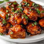 A serving plate sits on a white marble cooktop, featuring Honey Bourbon Chicken arranged over fluffy white rice. A drizzle of extra sauce pools around the edges, while fresh herbs are sprinkled on top for a vibrant garnish.
