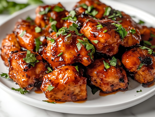 A serving plate sits on a white marble cooktop, featuring Honey Bourbon Chicken arranged over fluffy white rice. A drizzle of extra sauce pools around the edges, while fresh herbs are sprinkled on top for a vibrant garnish.