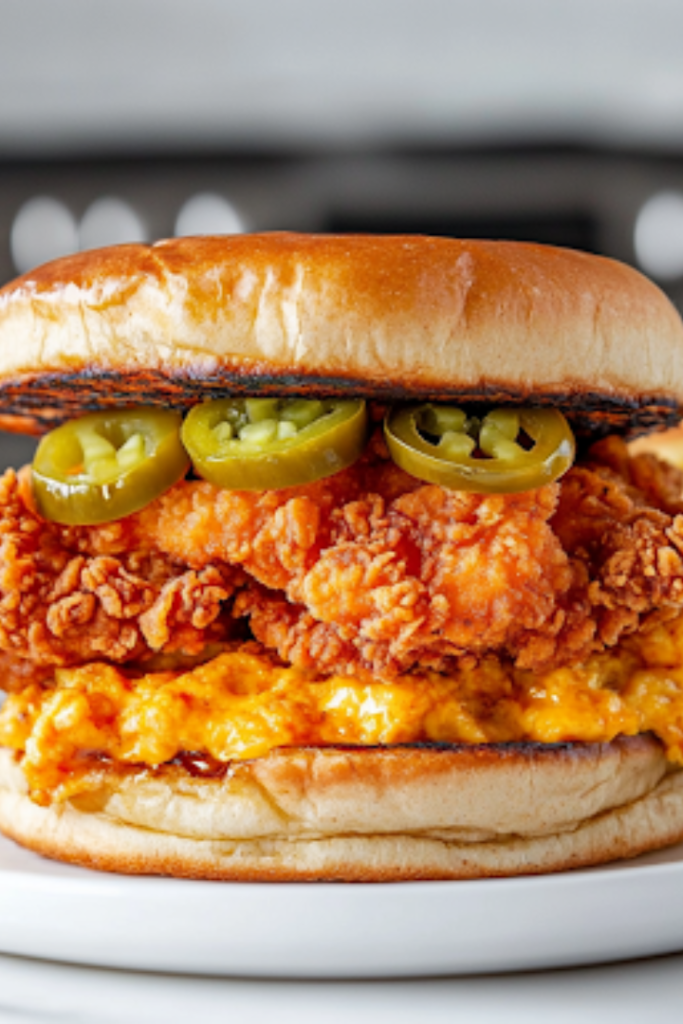 The final plated sandwich: A whole wheat bun stacked with crispy chicken, melty pimento cheese, pickled jalapeños, and a drizzle of golden honey. The sandwich sits on a white plate, accompanied by Baked Apple Fritters or Fluffy Buttermilk Pancakes in the background, making for a delicious and visually appealing meal.