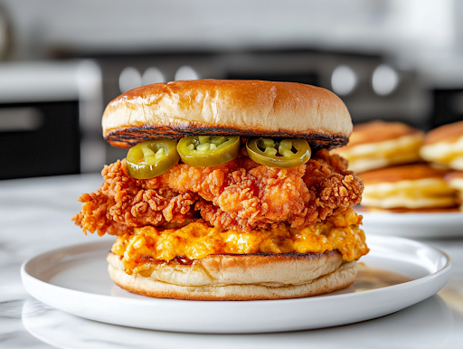 The final plated sandwich: A whole wheat bun stacked with crispy chicken, melty pimento cheese, pickled jalapeños, and a drizzle of golden honey. The sandwich sits on a white plate, accompanied by Baked Apple Fritters or Fluffy Buttermilk Pancakes in the background, making for a delicious and visually appealing meal.