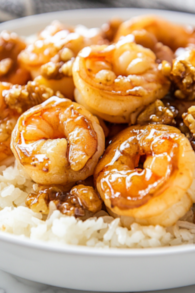 A white serving dish on a white marble cooktop with perfectly coated honey walnut shrimp, garnished with glossy candied walnuts. The dish is served alongside a bowl of fluffy steamed rice, ready to be enjoyed.