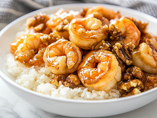 A white serving dish on a white marble cooktop with perfectly coated honey walnut shrimp, garnished with glossy candied walnuts. The dish is served alongside a bowl of fluffy steamed rice, ready to be enjoyed.