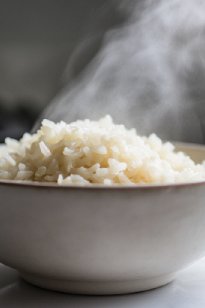 A close-up shot of a white bowl filled with warm, fluffy Calrose rice, placed on the white marble cooktop. Steam rises from the bowl, highlighting its perfect texture, ready to be served as a side dish or a base for flavorful meals.