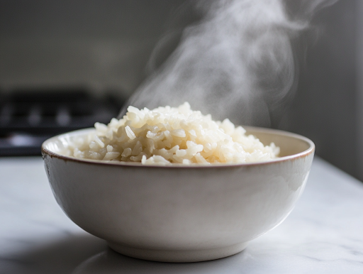A close-up shot of a white bowl filled with warm, fluffy Calrose rice, placed on the white marble cooktop. Steam rises from the bowl, highlighting its perfect texture, ready to be served as a side dish or a base for flavorful meals.