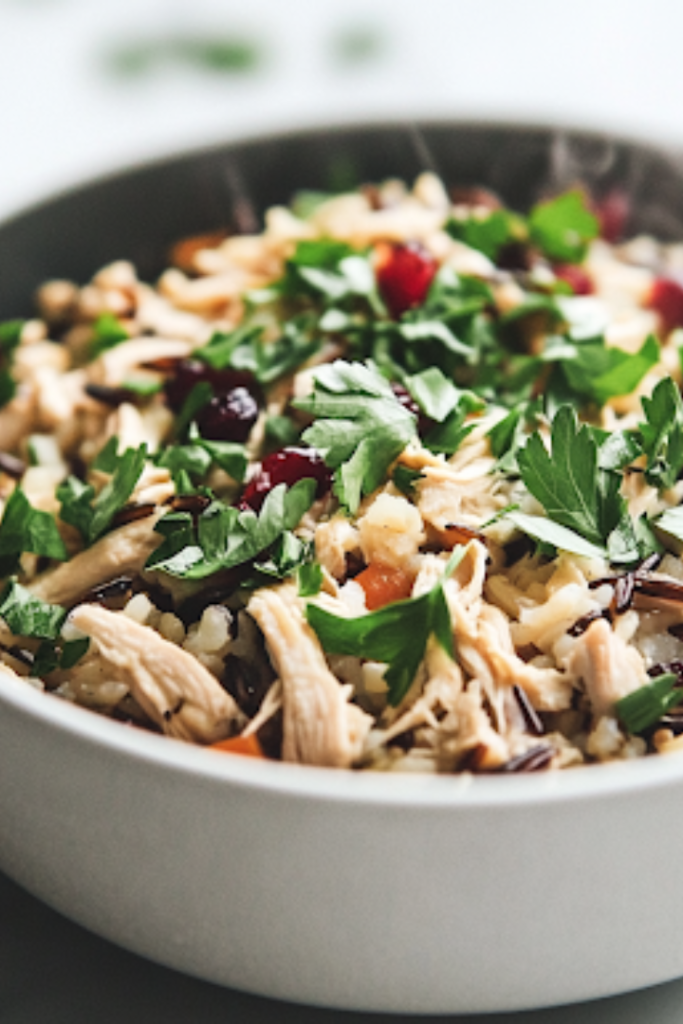 A steaming bowl of Instant Pot Chicken and Wild Rice, garnished with freshly chopped parsley. The dish is colorful, hearty, and ready to serve, with shredded chicken, plump cranberries, and fluffy rice perfectly combined.