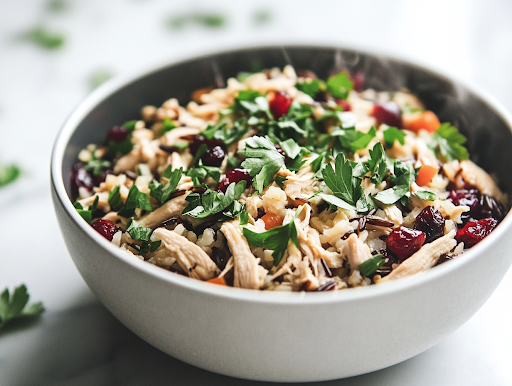 A steaming bowl of Instant Pot Chicken and Wild Rice, garnished with freshly chopped parsley. The dish is colorful, hearty, and ready to serve, with shredded chicken, plump cranberries, and fluffy rice perfectly combined.
