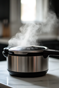 The Instant Pot screen on a white marble cooktop displays '15 minutes' on High Pressure mode. A small amount of steam escapes from the vent, indicating that the cooking process is underway.