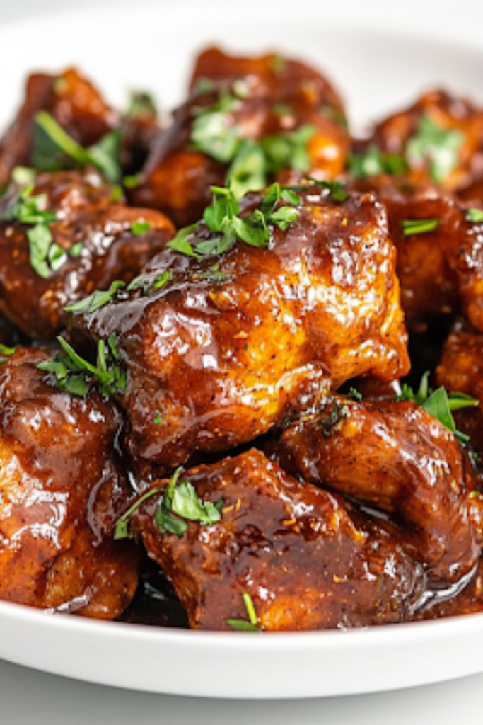 The finished Instant Pot Jerk Chicken is beautifully plated on a white dish over a white marble cooktop. The caramelized, glossy sauce coats each piece of chicken, garnished with fresh herbs for a vibrant, flavorful presentation.
