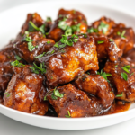 The finished Instant Pot Jerk Chicken is beautifully plated on a white dish over a white marble cooktop. The caramelized, glossy sauce coats each piece of chicken, garnished with fresh herbs for a vibrant, flavorful presentation.