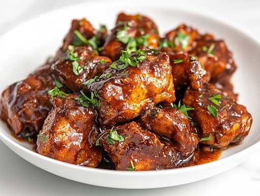 The finished Instant Pot Jerk Chicken is beautifully plated on a white dish over a white marble cooktop. The caramelized, glossy sauce coats each piece of chicken, garnished with fresh herbs for a vibrant, flavorful presentation.
