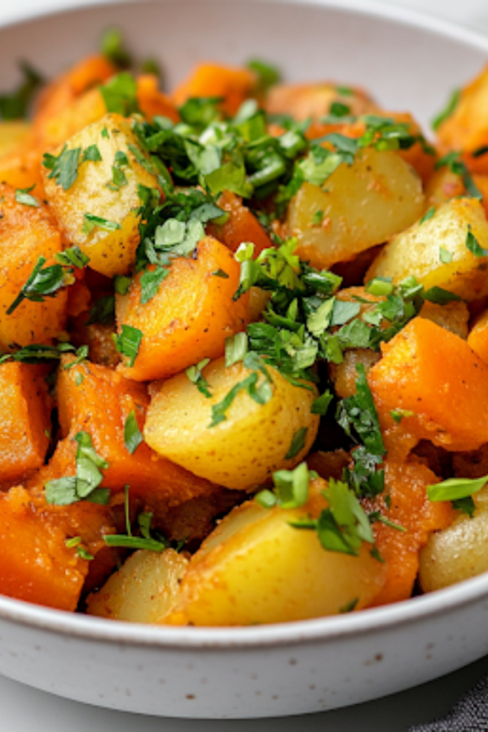 A close-up shot of a serving bowl on a white marble cooktop, filled with warm, tender potatoes and carrots, garnished with fresh herbs and chopped green onions. A serving spoon rests beside the dish, ready for serving.