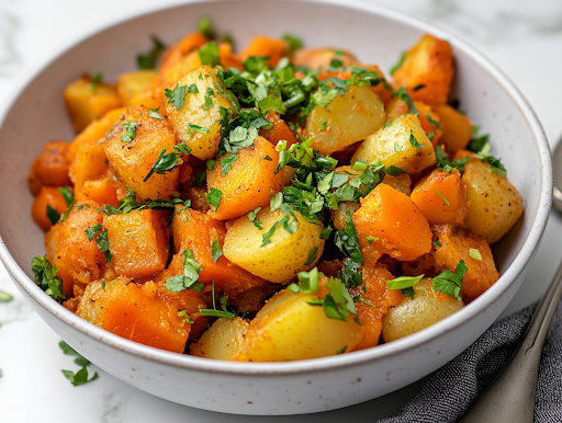 A close-up shot of a serving bowl on a white marble cooktop, filled with warm, tender potatoes and carrots, garnished with fresh herbs and chopped green onions. A serving spoon rests beside the dish, ready for serving.