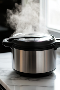 A close-up shot of the Instant Pot on a white marble cooktop, sealed and set to pressure cook on High for 5 minutes. The digital display screen shows the cooking time, while a thin stream of steam lightly escapes from the edges, indicating the pressure buildup.