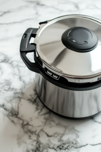A close-up shot of an Instant Pot on the white marble cooktop, with the lid securely closed and the valve set to 'Sealing.' The digital display screen shows the Pressure Cook setting for 5 minutes on High Pressure, ready to begin cooking.