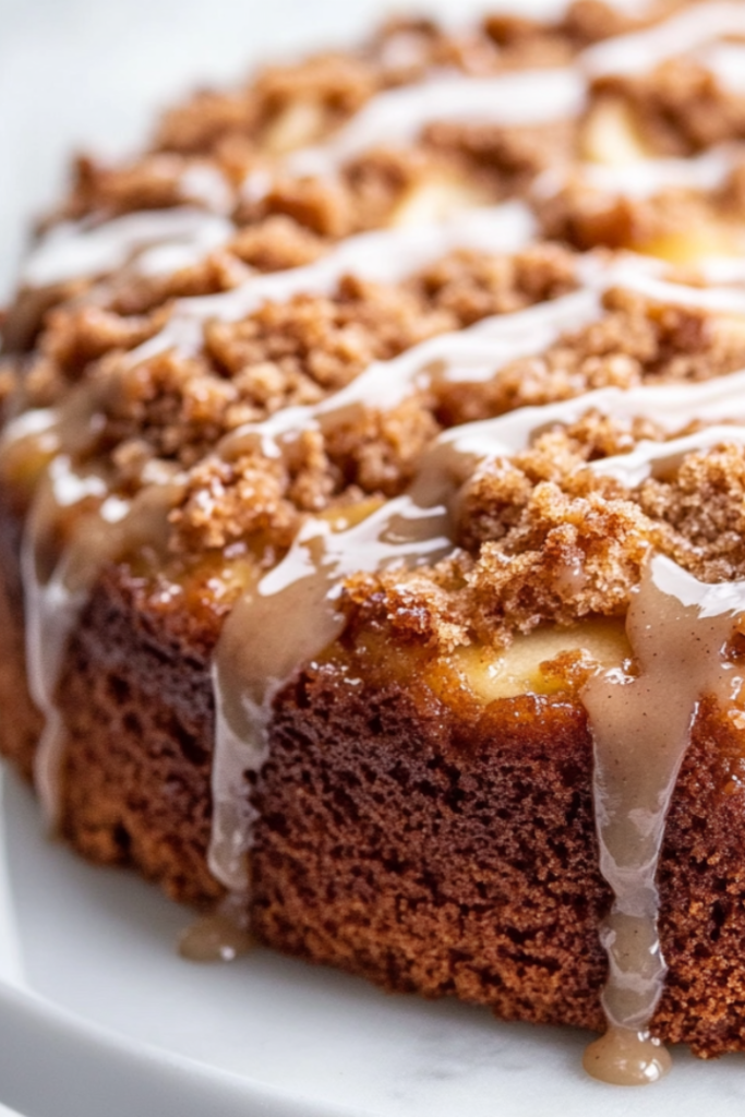 A close-up shot of a small glass bowl over the white marble cooktop, where confectioners' sugar, cinnamon, and milk are whisked together into a smooth glaze. The glaze is being drizzled over the cooled Apple Streusel Cake for a finishing touch.