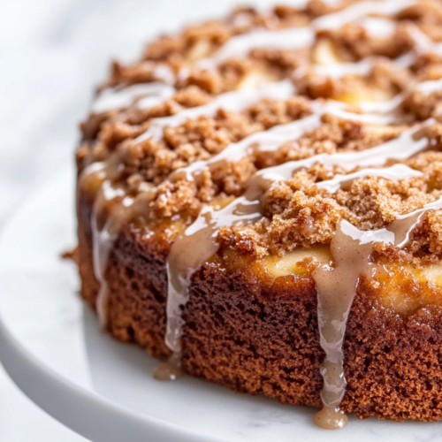 A close-up shot of a small glass bowl over the white marble cooktop, where confectioners' sugar, cinnamon, and milk are whisked together into a smooth glaze. The glaze is being drizzled over the cooled Apple Streusel Cake for a finishing touch.