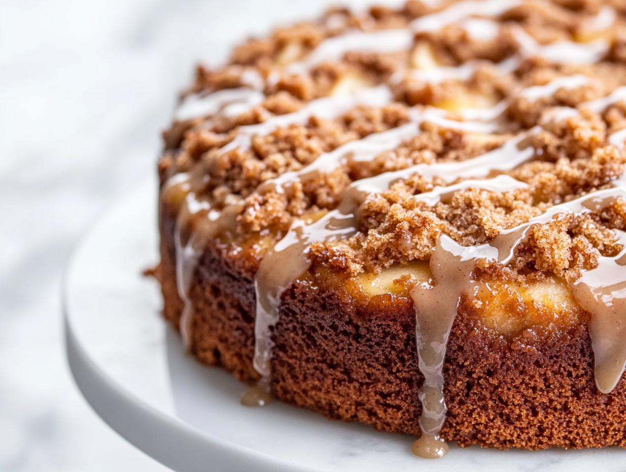 A close-up shot of a small glass bowl over the white marble cooktop, where confectioners' sugar, cinnamon, and milk are whisked together into a smooth glaze. The glaze is being drizzled over the cooled Apple Streusel Cake for a finishing touch.