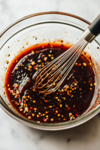 A glass mixing bowl on a white marble cooktop, filled with ketchup, dark brown sugar, red wine vinegar, soy sauce, Pickapeppa sauce, Jamaican jerk seasoning, and salt. A whisk stirs the thick, vibrant marinade, blending the rich flavors together.