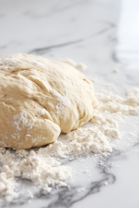 A close-up of smooth, elastic bread dough being kneaded on a lightly floured surface over a white marble cooktop. A pair of hands stretch and fold the dough, working it into a perfect consistency.