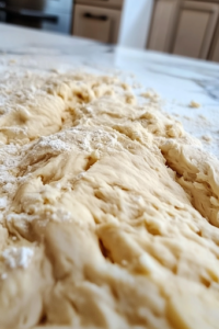 A close-up shot of hands kneading the dough on a lightly floured white marble countertop. The dough is becoming smooth and elastic, showing the proper kneading technique needed for a well-textured homemade bread.