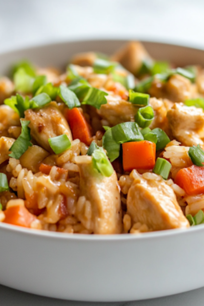 A steaming bowl of Chicken and Vegetable Rice Skillet, garnished with freshly sliced green onions. The dish is vibrant, hearty, and beautifully presented, ready to be enjoyed.