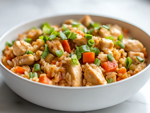 A steaming bowl of Chicken and Vegetable Rice Skillet, garnished with freshly sliced green onions. The dish is vibrant, hearty, and beautifully presented, ready to be enjoyed.