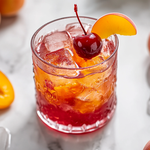Close-up of a chilled glass of fruit kompot on a rustic wooden table, garnished with a fresh cherry and a slice of apricot. Ice cubes float in the ruby-red drink, making it the perfect summer refreshment.
