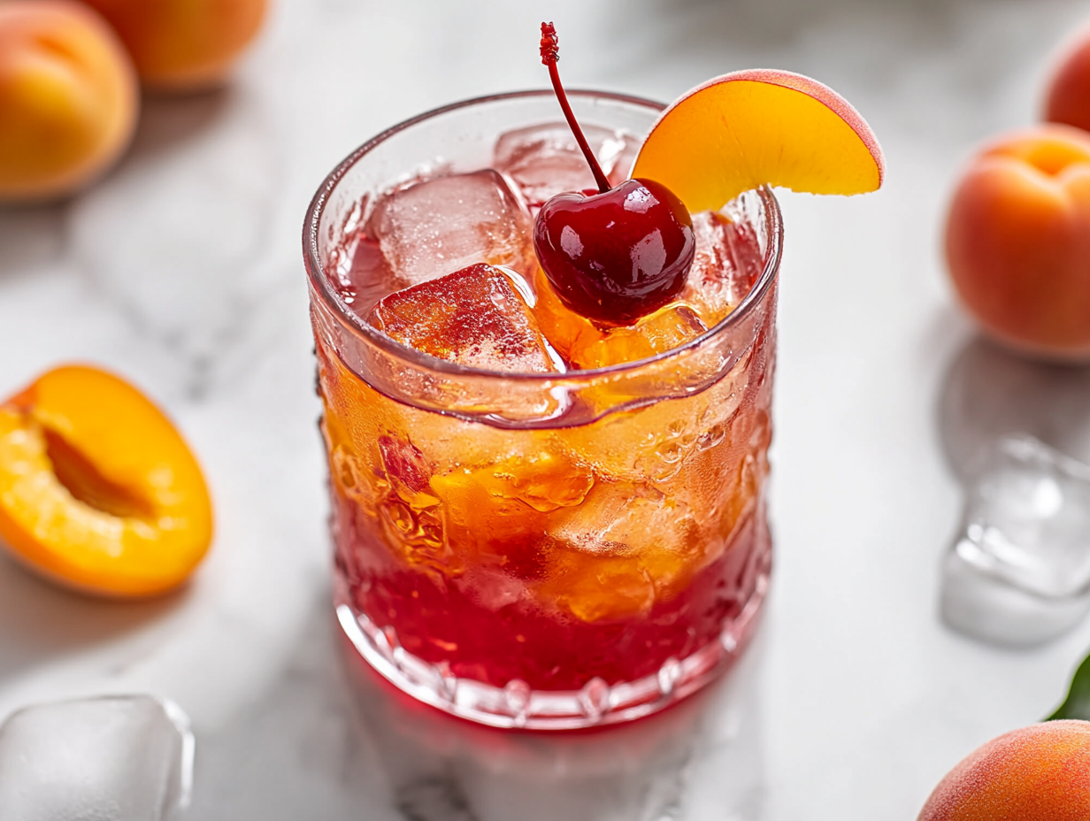 Close-up of a chilled glass of fruit kompot on a rustic wooden table, garnished with a fresh cherry and a slice of apricot. Ice cubes float in the ruby-red drink, making it the perfect summer refreshment.