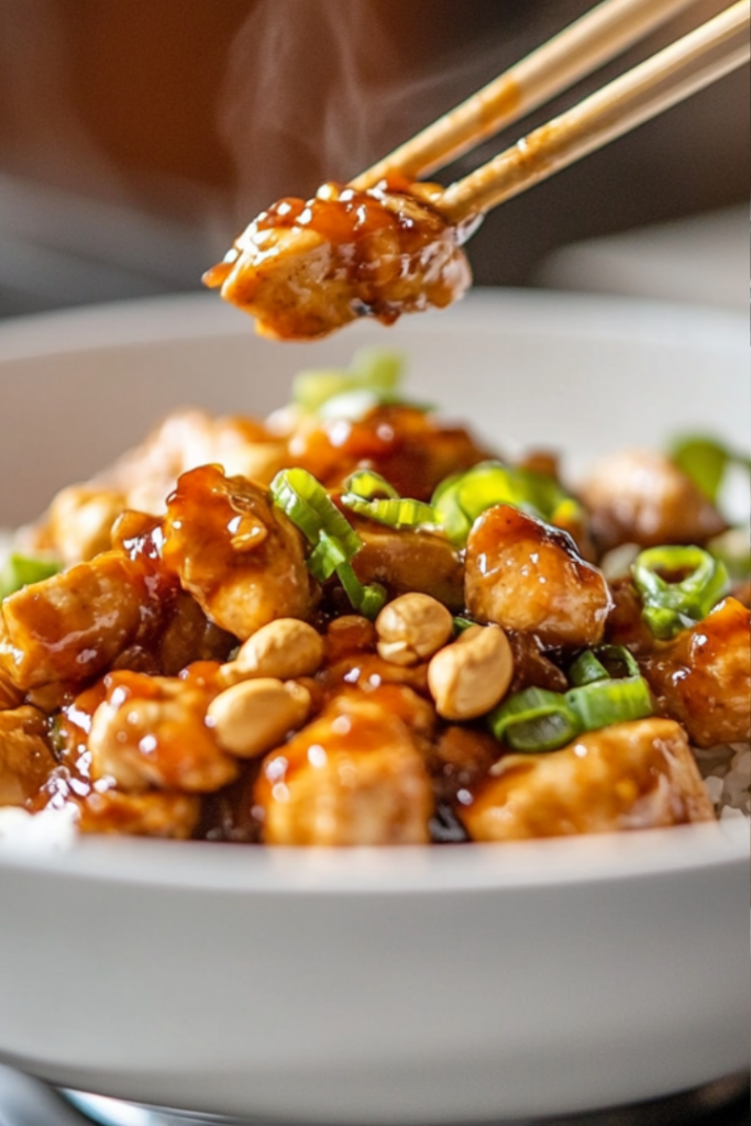 Final plated dish: a bowl of Kung Pao Chicken, garnished with roasted peanuts and fresh scallions, served over a bed of steamed white rice. A pair of chopsticks lifts a perfectly saucy bite