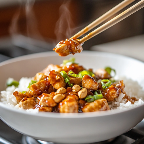 Final plated dish: a bowl of Kung Pao Chicken, garnished with roasted peanuts and fresh scallions, served over a bed of steamed white rice. A pair of chopsticks lifts a perfectly saucy bite
