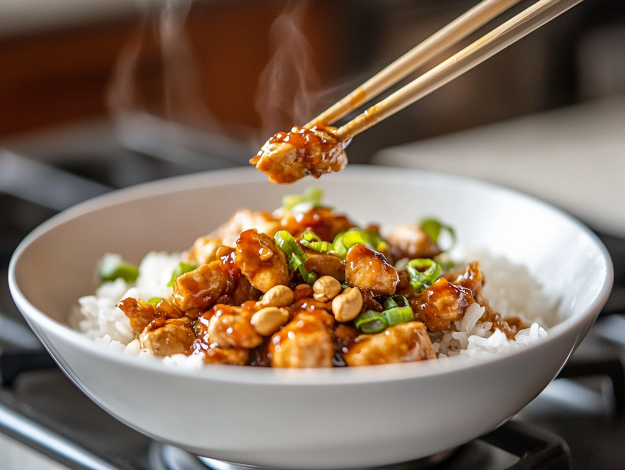 Final plated dish: a bowl of Kung Pao Chicken, garnished with roasted peanuts and fresh scallions, served over a bed of steamed white rice. A pair of chopsticks lifts a perfectly saucy bite