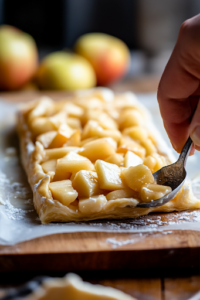 A close-up shot of a prepared puff pastry sheet, with a thick layer of cream cheese filling spread evenly down the center, followed by a spoonful of glossy apple filling. The vibrant apples contrast beautifully against the creamy base.