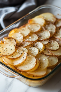 A close-up shot of the glass baking dish on the white marble cooktop, with thinly sliced russet potatoes and delicate onion rings carefully layered. A hand sprinkles a pinch of salt and freshly ground black pepper over the layers, ensuring even seasoning.