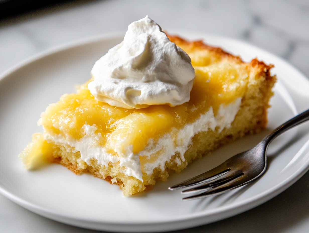 A close-up shot of a plate with a warm slice of lemon cream cheese dump cake, served with a dollop of fluffy whipped topping. The layers of lemon filling, soft cake, and creamy cheese are visible, with a fork ready for the first bite.