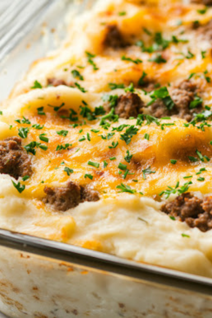 A close-up shot of the fully baked Loaded Mashed Potato Meatloaf Casserole in the glass baking dish on the white marble cooktop. The top is golden and bubbly, garnished with fresh parsley or chives. A serving spatula lifts a slice, revealing the rich layers of meatloaf, mashed potatoes, cheese, and crispy bacon.