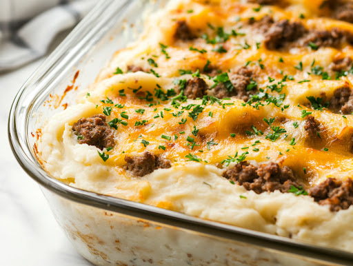 A close-up shot of the fully baked Loaded Mashed Potato Meatloaf Casserole in the glass baking dish on the white marble cooktop. The top is golden and bubbly, garnished with fresh parsley or chives. A serving spatula lifts a slice, revealing the rich layers of meatloaf, mashed potatoes, cheese, and crispy bacon.
