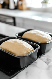 A close-up of two shaped loaves resting in greased loaf pans on a white marble cooktop. The dough has puffed up beautifully after its second rise, prepared for baking in the oven.