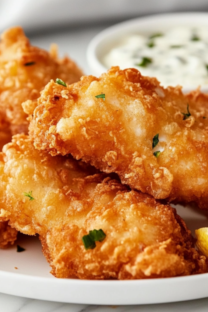 Close-up of a plate of crispy fried fish served with tartar sauce and lemon wedges on the white marble cooktop. A side of malt vinegar and fries is visible in the background.