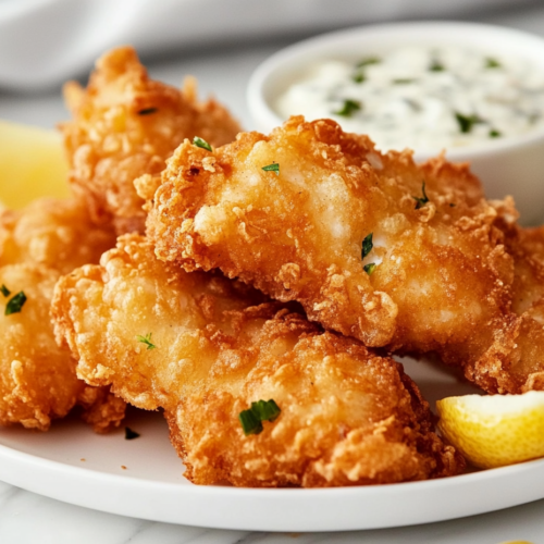 Close-up of a plate of crispy fried fish served with tartar sauce and lemon wedges on the white marble cooktop. A side of malt vinegar and fries is visible in the background.