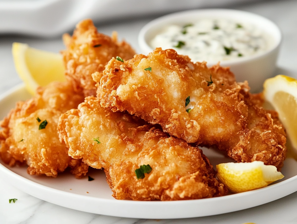 Close-up of a plate of crispy fried fish served with tartar sauce and lemon wedges on the white marble cooktop. A side of malt vinegar and fries is visible in the background.