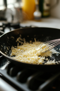 A black skillet on a white marble cooktop where heavy cream and milk are being whisked into the butter and garlic mixture. Parmesan and mozzarella cheese slowly melt in, blending into a smooth, velvety Alfredo sauce.
