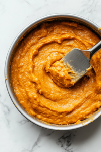 A close-up shot of a glass mixing bowl on the white marble cooktop, where softened cream cheese, butter, vanilla, confectioners’ sugar, and cinnamon are being beaten together. The mixture becomes light and fluffy, with a spatula lifting a creamy dollop of the smooth frosting.