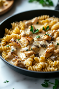 A close-up shot of the black skillet on a white marble cooktop, where softened cream cheese is melting into the sauce. Extra ranch seasoning is stirred in, creating a rich, creamy texture. A splash of reserved pasta water is added if needed to adjust the consistency for the Chicken Pasta with Creamy Ranch Sauce.